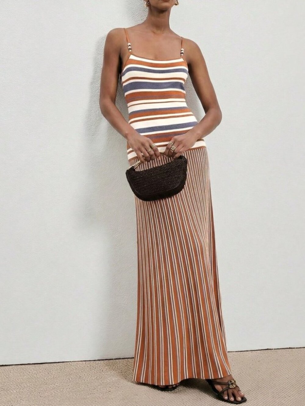 Rust Brown & Blue Striped Knit Maxi Dress with Beaded Straps